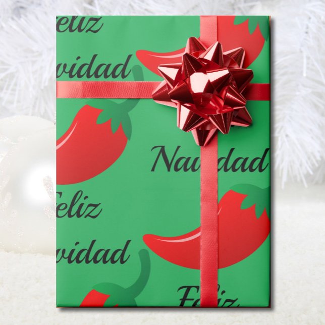 Feliz Navidad Red Chili & Green Christmas Gift Geschenkpapier (Von Creator hochgeladen)