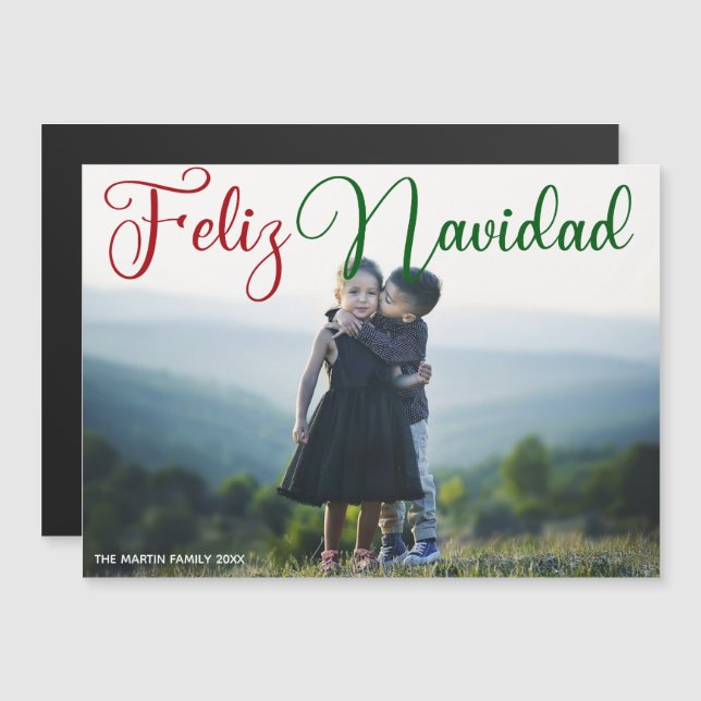 Feliz Navidad Red Green Script Foto Magnet (Vorne/Hinten)