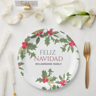 Feliz Navidad Red Holly Berries Weihnachtsessen Pappteller