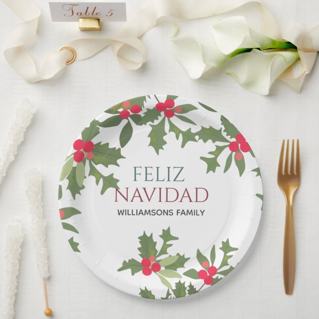 Feliz Navidad Red Holly Berries Weihnachtsessen Pappteller (Hochzeit)
