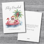 Feliz Navidad Santa Claus Beach Weihnachten<br><div class="desc">Feliz Navidad Santa Claus Beach Weihnachtskarte. "Feliz Navidad" (das spanische Wort für Weihnachten) erhält mit dieser einzigartigen Urlaubskarte eine lustige Drehung mit einem entspannten Weihnachtsklaus in Sonnenbrillen, in einem rosa Flamingo-Floaty im Ozean. Diese Karte eignet sich ideal, um Urlaubswünsche an den Stränden zu versenden. Sie ist ideal für alle, die...</div>
