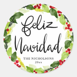 Feliz Navidad Script Red Berry Holly Wreath Runder Aufkleber