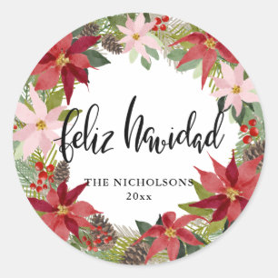 Feliz Navidad Script Red Poinsettia Wreath Runder Aufkleber