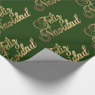 Feliz Navidad Spanisches Weihnachtsgrün und Gold Geschenkpapier