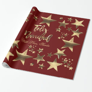 Feliz Navidad Stars Red Gold Skript Geschenkpapier