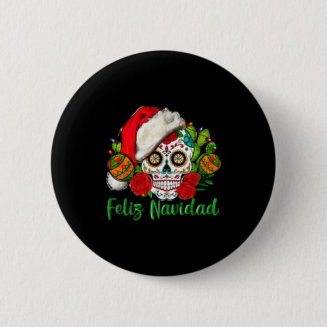 Feliz Navidad Sugar Skull Mexican Christmas  Button (Vorderseite)