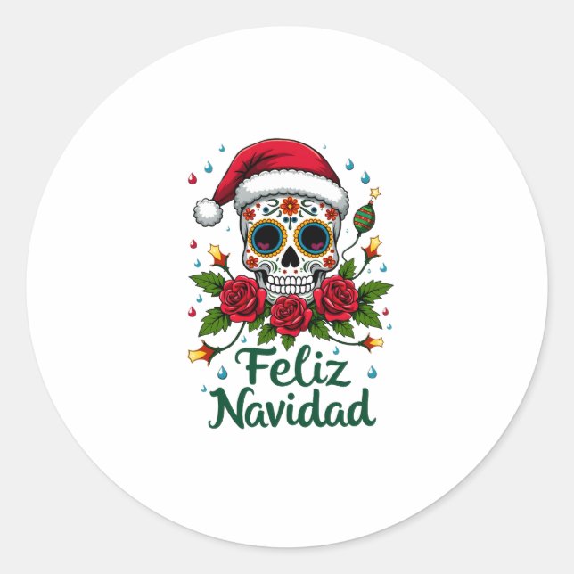 Feliz Navidad Sugar Skull Mexican Christmas T-Shir Runder Aufkleber (Vorderseite)