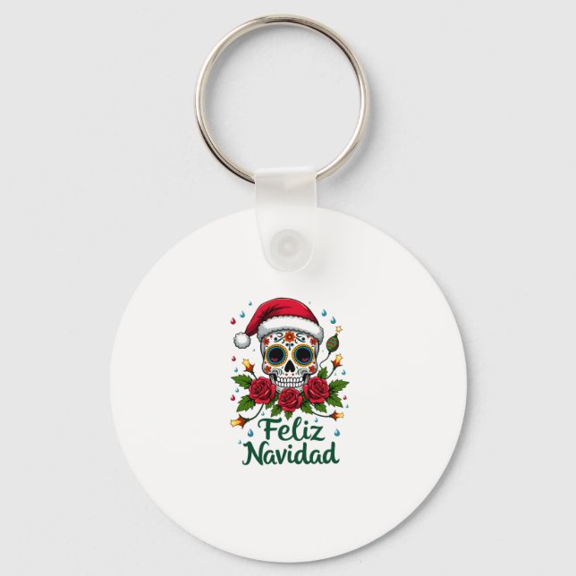 Feliz Navidad Sugar Skull Mexican Christmas T-Shir Schlüsselanhänger (Vorderseite)