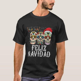 Feliz Navidad Sugar Skulls Reindeer Santa Fun T-Shirt