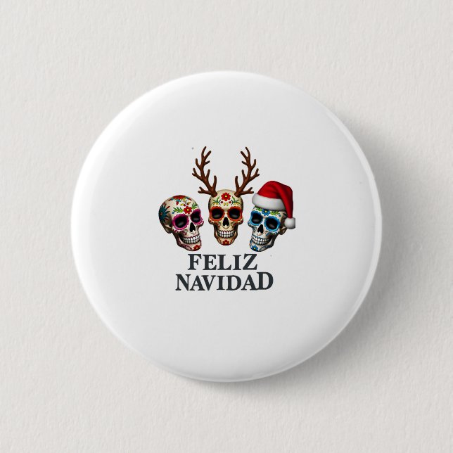 Feliz Navidad Sugar Skulls Reindeer Santa Mexican  Button (Vorderseite)