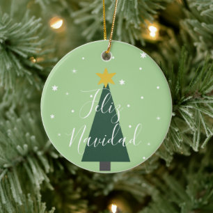 Feliz Navidad Urlaub grüner Baumschnee und Sterne Keramik Ornament