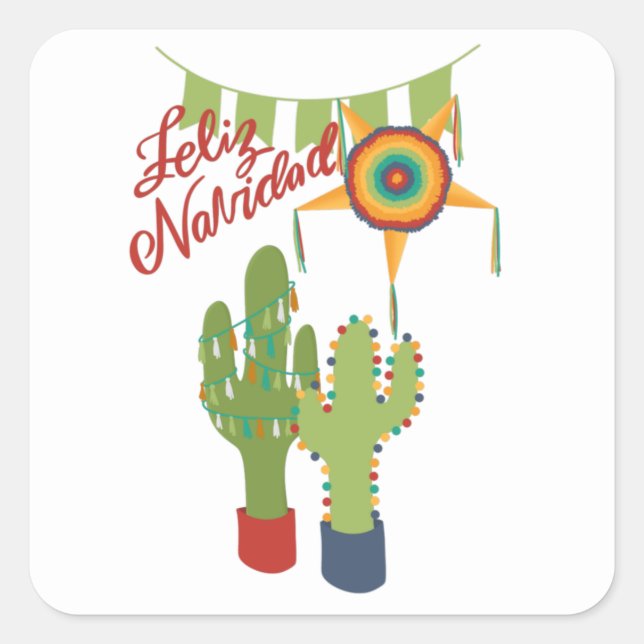 Feliz Navidad Urlaubskarte mit dekorierten Kakteen Quadratischer Aufkleber (Vorderseite)