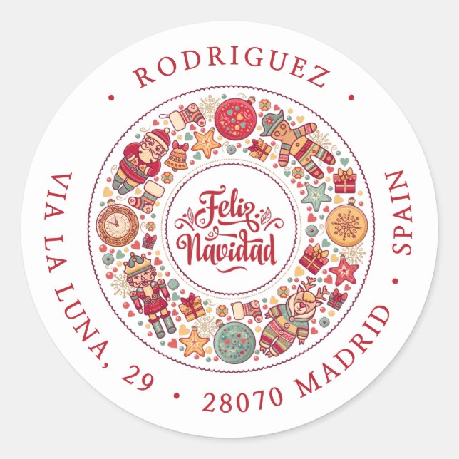 Feliz Navidad Wreath Rücksendeadresse Runder Aufkleber (Vorderseite)