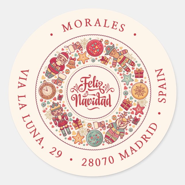 Feliz Navidad Wreath Spanische Rote Rücksendeadres Runder Aufkleber (Vorderseite)