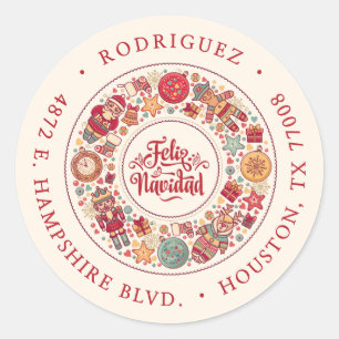 Feliz Navidad Wreath USA Red Return Address Label Runder Aufkleber