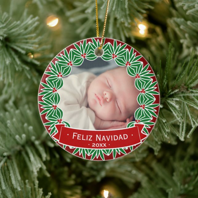 Feliz Navidad  | Your Photo Festive Red & Green Keramik Ornament (Baum)