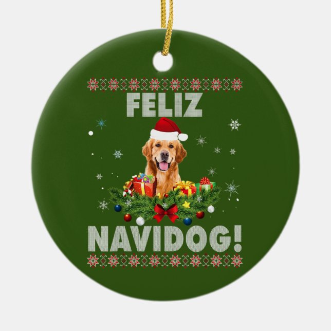 Feliz Navidog Golden Retriever Dog Ugly Sweater Keramik Ornament (Vorne)