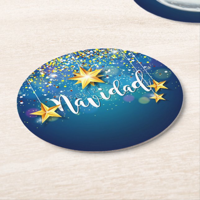 Felize Navidad Gold Stars Weihnachten Runder Pappuntersetzer (Angewinkelt)