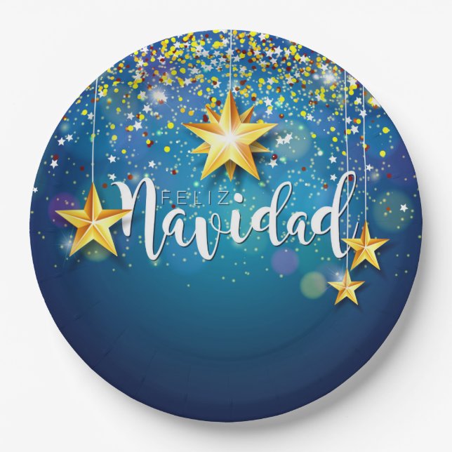Felize Navidad Gold Stars Weihnachtsschild Pappteller (Vorderseite)