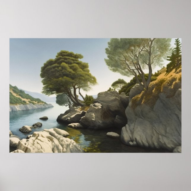 Felsbucht in einem See in den Hügeln Poster (Vorne)