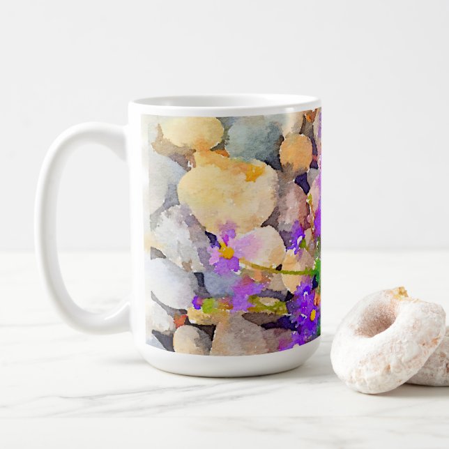Felsen mit violetten Blumen Aquarell Foto Tasse (Mit Donut)