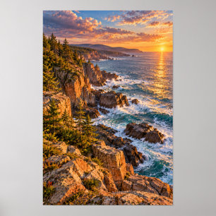 Felsige Küstenlinie Sonnenuntergang und Ozeanwelle Poster