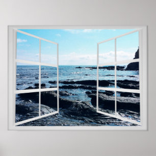 Felsige Ozean-Küste mit Fenster-Rahmen Poster