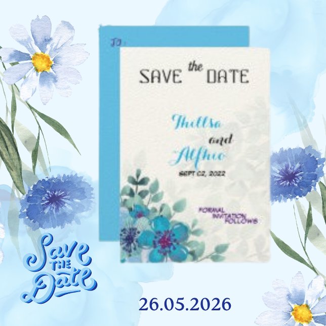 Felt Ecru Paper Blue Floral Blume Save the Date (Von Creator hochgeladen)