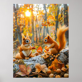 Felt Eichhörnchen Ansammlung Acorns auf Waldboden Poster