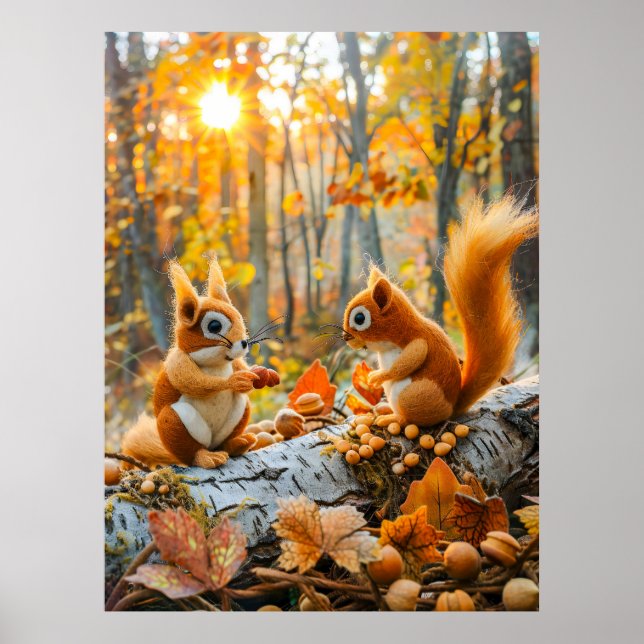 Felt Eichhörnchen Ansammlung Acorns auf Waldboden Poster (Vorne)