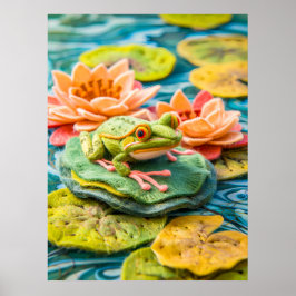 Felt grüner Frosch auf Lily Pads in Pond Poster
