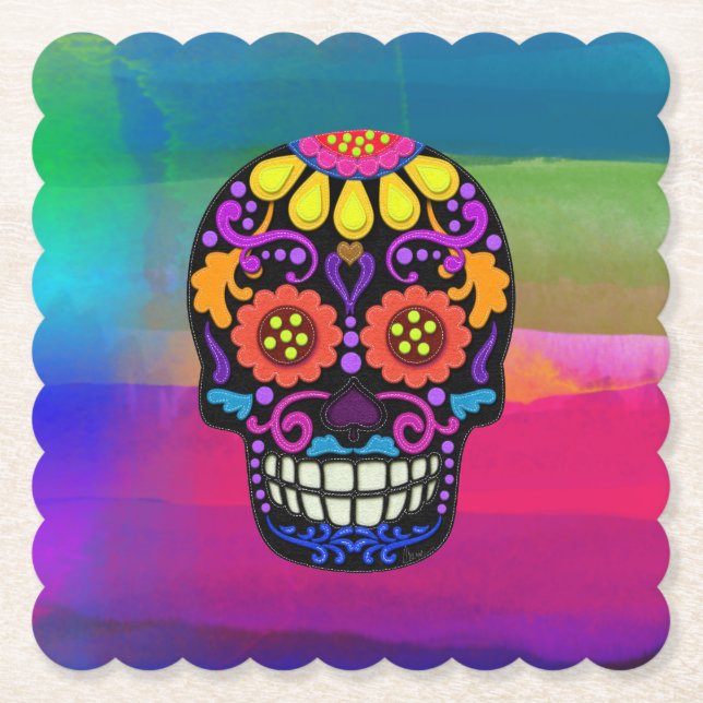 Felt Look Sugar Skull Aquarellfarbe Hintergrund Untersetzer (Vorderseite)