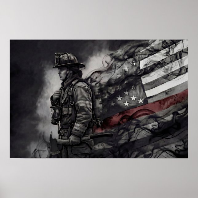 Female Firefighter Red Line American Flag Tribute Poster (Vorne)