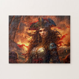 Female Pirate Before Burning Ship Fantasy Painting