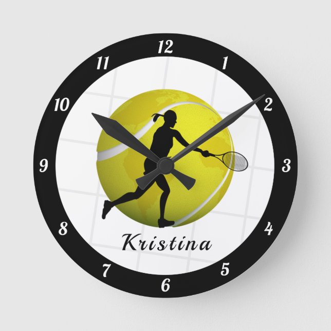 Female Tennis Player Silhouette Girls Name Ball Runde Wanduhr (Vorderseite)