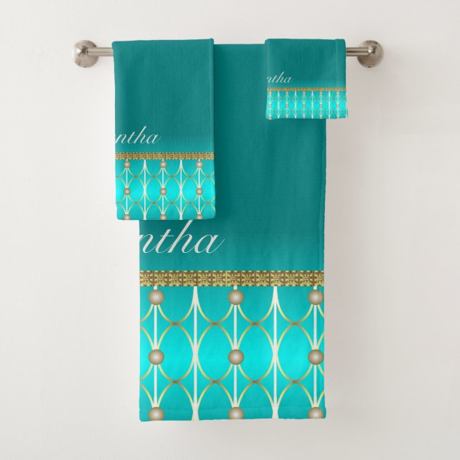 Feminine Aquamarin Blue und Gold gemustert Badhandtuch Set (Insitu)