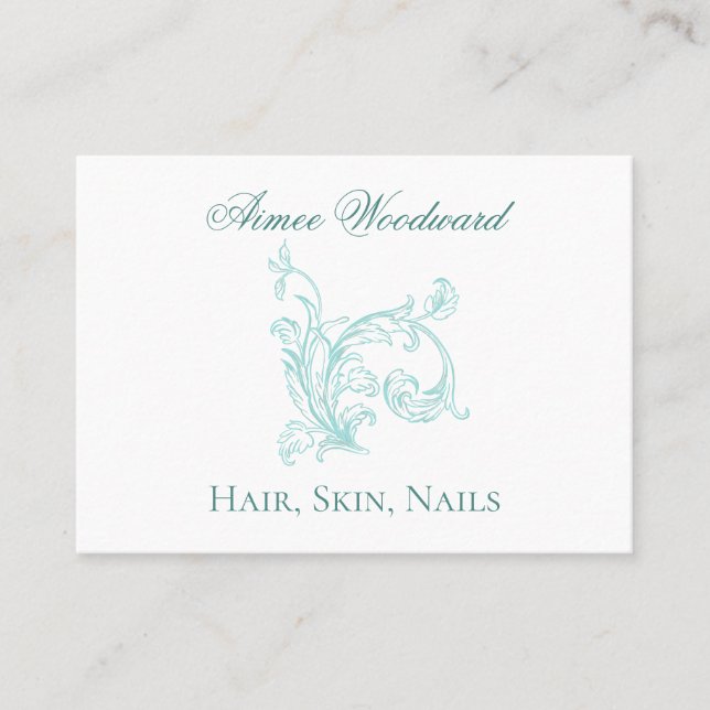Feminine Barock Verschönerung Aqua und Weiß Visitenkarte (Vorderseite)