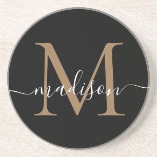 Feminine Black Gold Monogram Script Elegant Modern Getränkeuntersetzer
