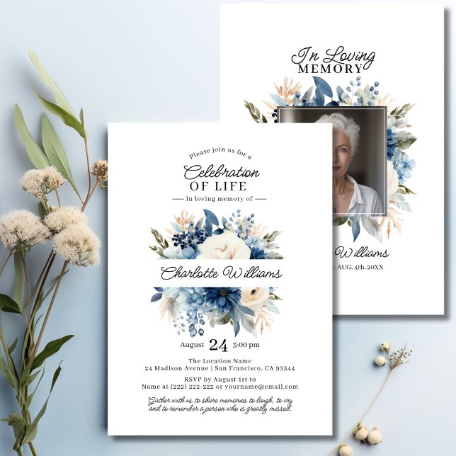 Feminine Blue Flowers Feiern des Lebens | FOTO Einladung (Feminine Blue Flowers Celebration of Life  PHOTO Invitation)