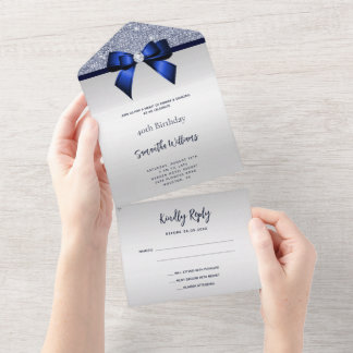 Feminine Blue Gem Bow & Glitzer Geburtstag All In One Einladung
