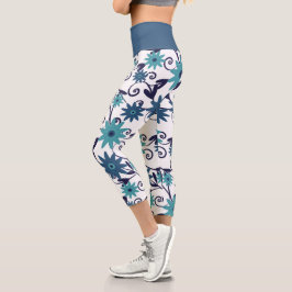 Feminine Blue Turquoise Blume Pattern Capri Leggings