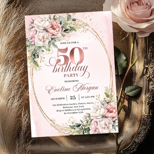 Feminine Blush Floral 50th Birthday Celebration  Einladung (Feminine Blush Floral 50th Birthday Celebration Invite)