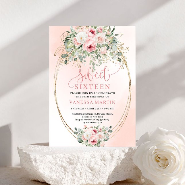 Feminine Blush Floral Gold Sweet 16 Invitation Einladung (Feminine Blush Floral Gold Sweet 16 Invitation)