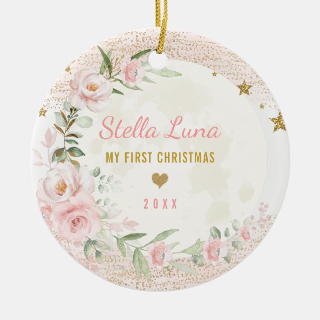 Feminine Blush Gold Moon Stars Baby 1. Weihnachten Keramik Ornament (Vorne)