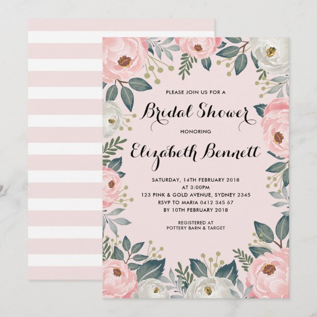 Feminine Blush Pink Bloral Peony Brautparty Einladung (Vorne/Hinten)
