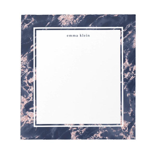 Feminine Blush Pink Glitzer Navy Blue Marmorname Notizblock (Vorderseite)