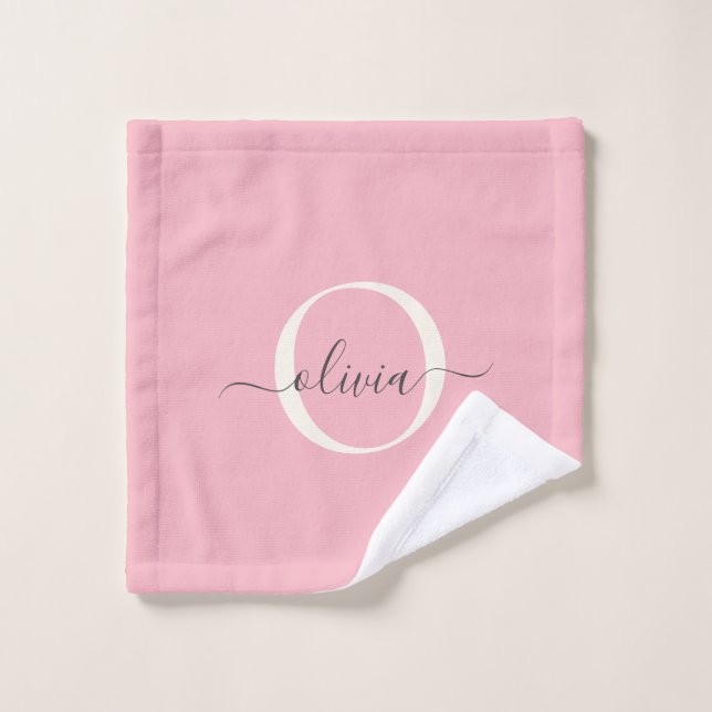 Feminine Blush Pink Gray Monogram Script Name Chic Badhandtuch Set (Waschlappen)