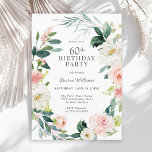 Feminine Blush Rose Floral 60. Geburtstagsparty Einladung<br><div class="desc">Eine wunderschöne feminine 60. Geburtstagsfeier, gerahmt in einem Kranz mit Rose in Rosa und Weiß, die das Wasser verfärben und das Grün hinterlassen. Die Farbkombinationen sind feminin und fröhlich, um Ihre Gäste auf eine fröhliche Feier vorzubereiten. Personalisieren Sie Ihre Ereignisdetails, indem Sie den Beispieltext in der Entwurfsvorlage ersetzen. Sie können...</div>