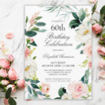 Feminine Blush Rose Floral 60. Geburtstagsparty Einladung<br><div class="desc">Eine wunderschöne feminine 60. Geburtstagsfeier, gerahmt in einem Kranz mit Rose in Rosa und Weiß, die das Wasser verfärben und das Grün hinterlassen. Die Farbkombinationen sind feminin und fröhlich, um Ihre Gäste auf eine fröhliche Feier vorzubereiten. Personalisieren Sie Ihre Ereignisdetails, indem Sie den Beispieltext in der Entwurfsvorlage ersetzen. Sie können...</div>
