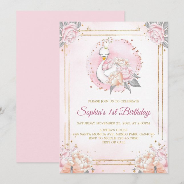 Feminine Boho Swan Princess Pink Blush Birthday Einladung (Vorne/Hinten)